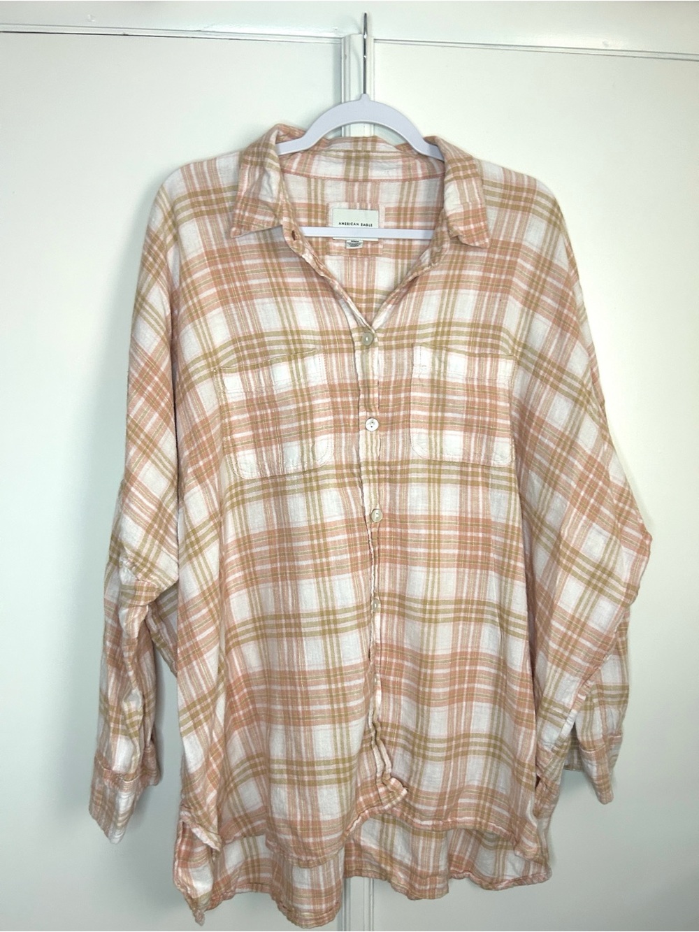 American Eagle Oversized Plaid Button Down - Linen Blend - Fits up to 2XL